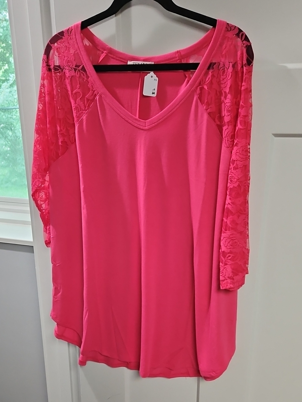 Zenana Outfitters Hot Pink V‑Neck Long Sleeve Tee with Lace Sleeves